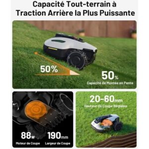Robot Tondeuse Mammotion YUKA Mini 600 avec Garage, Sans Fil Périphérique, NetRTK+Vision, Cartographie Auto, Jusqu’à 600 m², Max. 800 m², Pente à 50%, Aucune Antenne RTK Requise, avec Module 4G