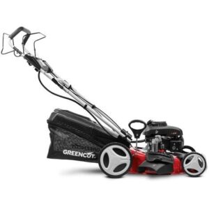 Tondeuse à gazon essence GREENCUT GLM770XE - 150cc 4cv - Démarrage électrique 4 temps automotrice - Lame acier double tranchant 460mm 18 - Hauteur de coupe réglable - Panier d'une capacité de 55L