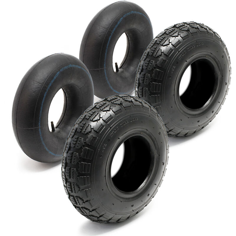 Wiltec Lot 2x Pneu 11x4.00-4 et 2x Chambre à air – Valve droite – 294 x 294 x 80 mm – 4 PR – capacité de charge 130 kg – pour Tondeuse à gazon Tracteur à pelouse Brouette Chariot Diable
